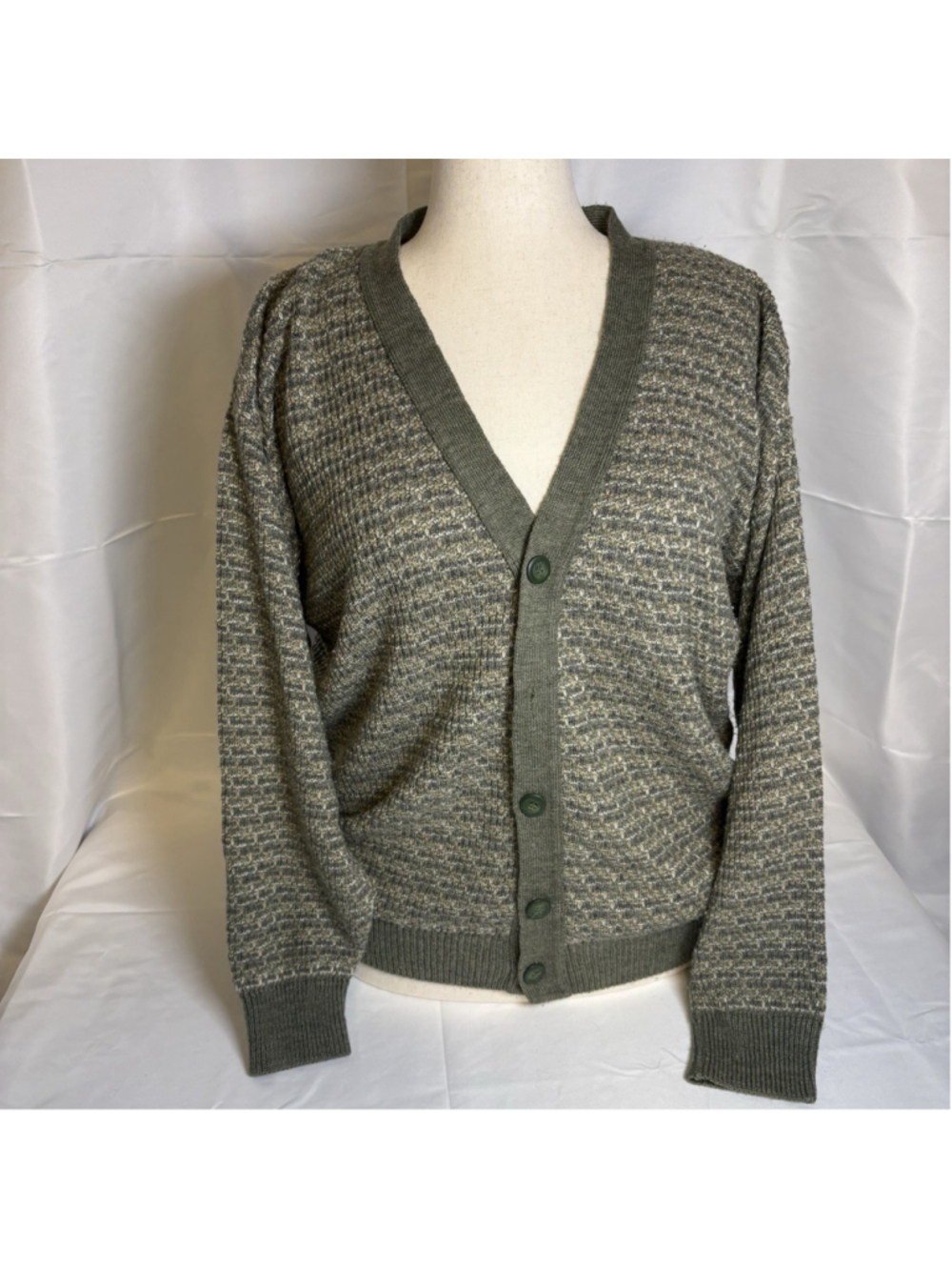 Jantzen Men's L Knit Cardigan Acrylic Geometric V-Neck Button Green Grunge